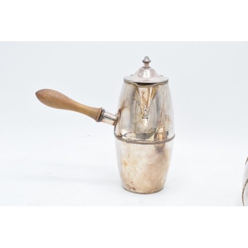 225L - A silver plated 19th century Cafe au lait set with turned wooden handles. 18cm tall.