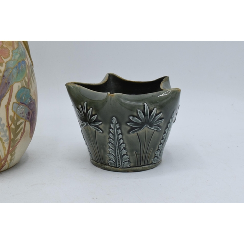 122 - A Doulton Lambeth pentagon-shaped floral vase with green glaze together with Doulton Burslem floral ... 