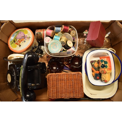 17 - A mixed collection of items to include a Bakelite phone (af), vintage enamel dishes, cotton, fasion ... 