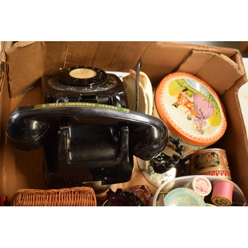 17 - A mixed collection of items to include a Bakelite phone (af), vintage enamel dishes, cotton, fasion ... 