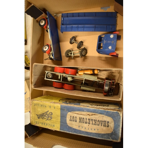 385 - Boxed Shackleton Toys Foden lorry, flat bed Foden truck finished in blue and red with clockwork moto... 