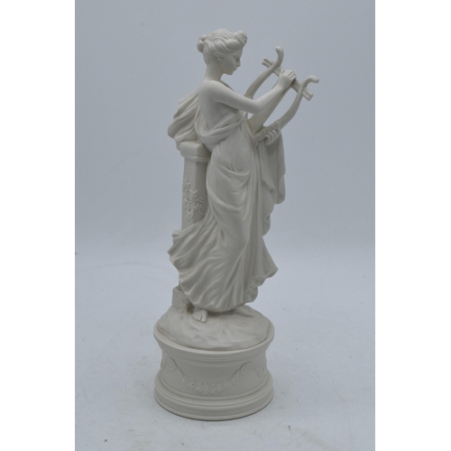 76 - An unusual Coalport figure of a robed lady playing the harp in a Parian / Wedgwood style. 27cm tall.... 