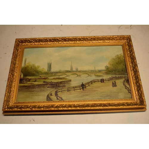 349 - A framed oil painting of a canal and river view signed by T Wallis 1901. 60 x 39cm inc frame.