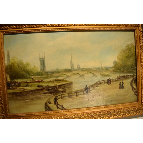 349 - A framed oil painting of a canal and river view signed by T Wallis 1901. 60 x 39cm inc frame.