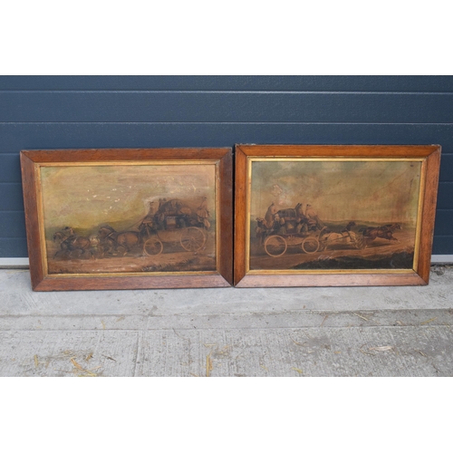 352 - A pair of late 19th / early 20th century prints on canvases showing coaching scenes in hardwood fram... 