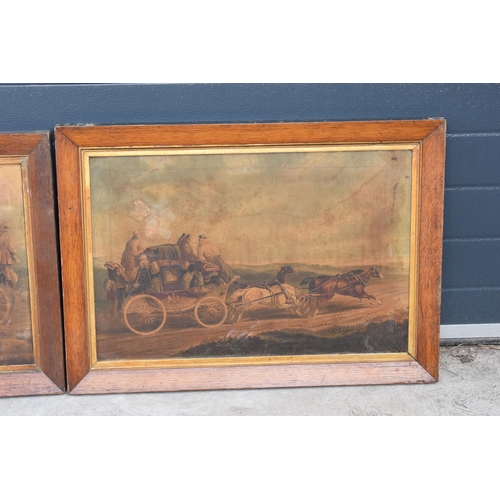 352 - A pair of late 19th / early 20th century prints on canvases showing coaching scenes in hardwood fram... 