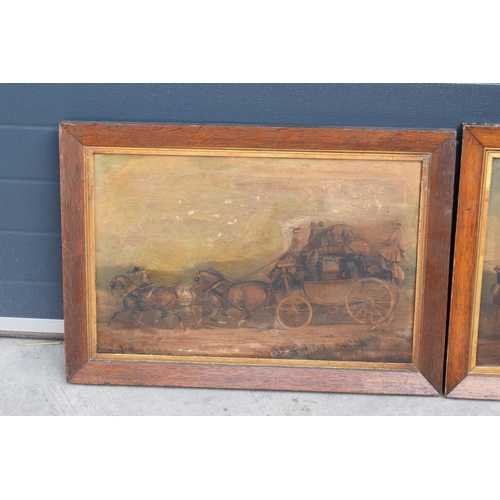 352 - A pair of late 19th / early 20th century prints on canvases showing coaching scenes in hardwood fram... 