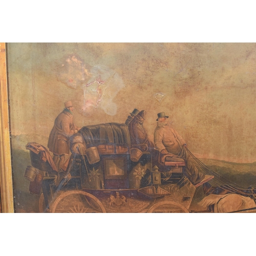 352 - A pair of late 19th / early 20th century prints on canvases showing coaching scenes in hardwood fram... 