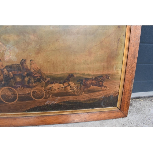 352 - A pair of late 19th / early 20th century prints on canvases showing coaching scenes in hardwood fram... 