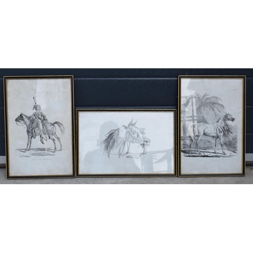 353 - A trio of Carle Vernet black and white lithographs of Arab horses to include Gaude Royal Cheval des ... 