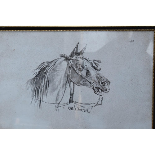 353 - A trio of Carle Vernet black and white lithographs of Arab horses to include Gaude Royal Cheval des ... 