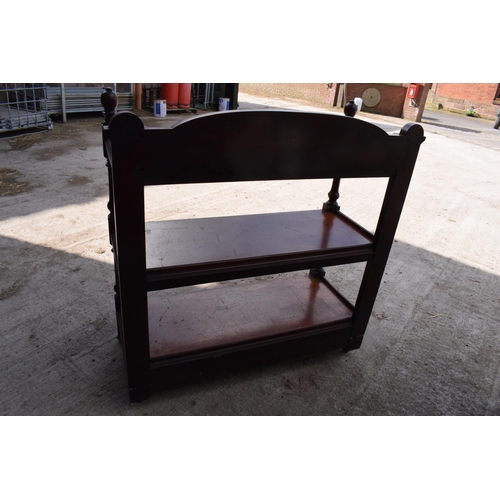 356 - Victorian 3-tier mahogany dumb waiter / buffet stand on wheels. 122 x 54 x 128cm tall. In good funct... 