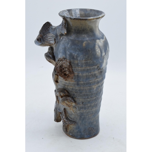 37 - A 20th century contemporary studio pottery shouldered vase with 3d fish and similar ocean creatures ... 