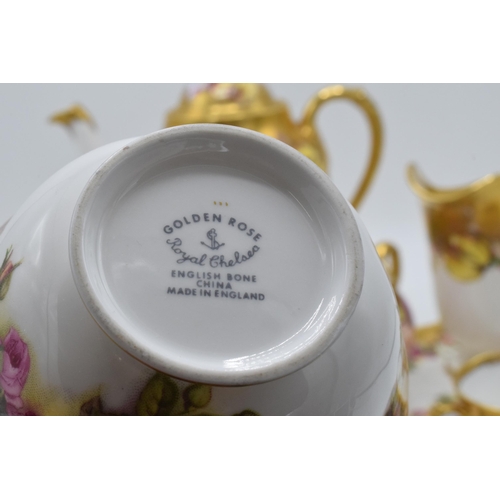 48 - Royal Chelsea English Bone China Golden Rose tea ware to include a coffee pot, 2 cups and saucers, 2... 