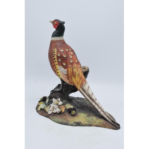 63 - Royal Crown Derby model of a pheasant raised on a ceramic base with raised floral decoration. In goo... 