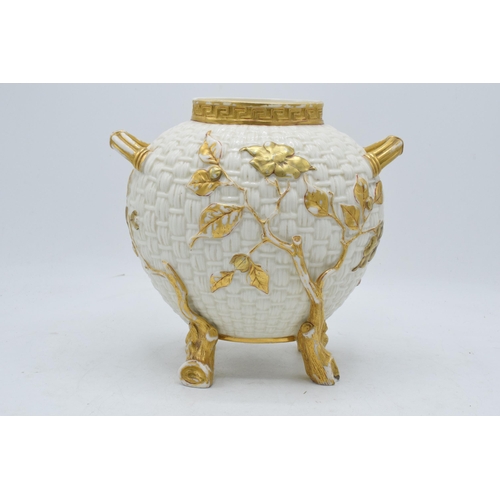 64 - Royal Worcester ovoid two-handled basket-weave vase with raised decoration of flowering boughs issui... 