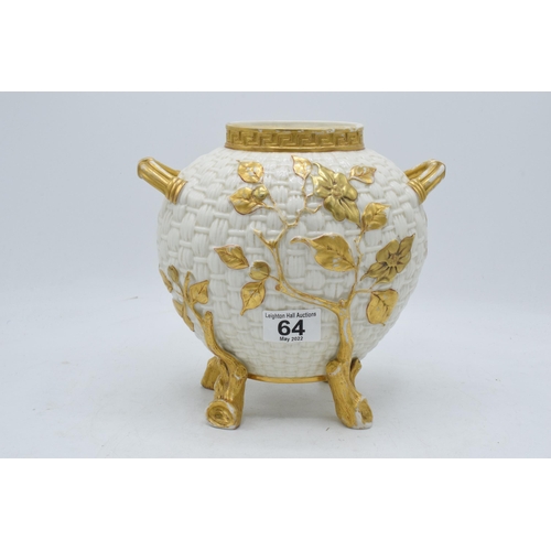 64 - Royal Worcester ovoid two-handled basket-weave vase with raised decoration of flowering boughs issui... 