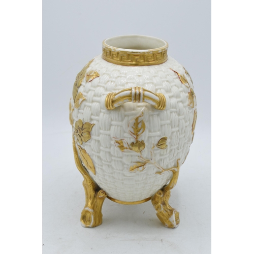 64 - Royal Worcester ovoid two-handled basket-weave vase with raised decoration of flowering boughs issui... 