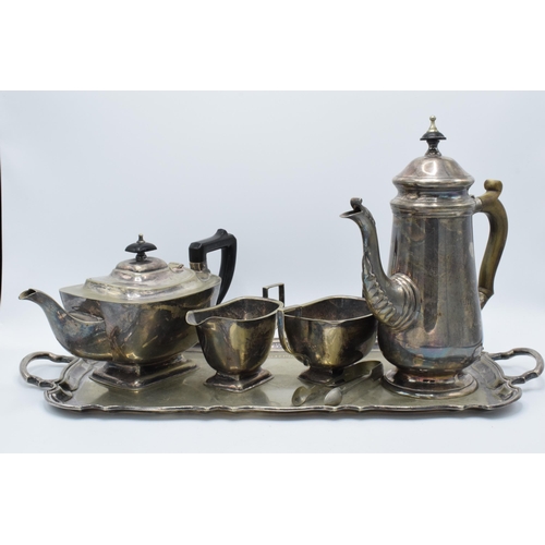 370 - A silver-plated 6 piece tea set to include a teapot, coffee pot, sugar tongs, milk, sugar and tray (... 