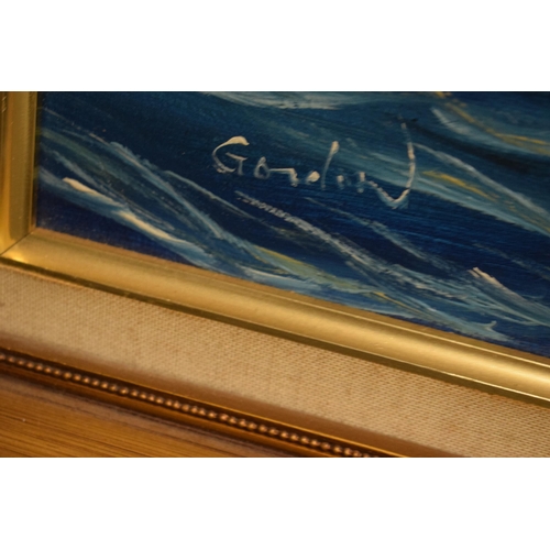 371 - A 20th century oil on canvas style print depicting a sailing ship at sea bearing signature to bottom... 