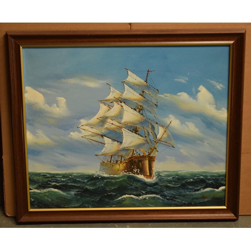 372 - A framed 20th century oil on canvas style (print) depicting a sailing galleon at sea bearing signatu... 