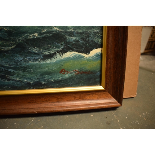 372 - A framed 20th century oil on canvas style (print) depicting a sailing galleon at sea bearing signatu... 