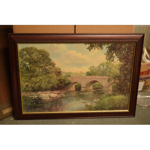 373 - A framed vintage oil on board style print of the Old Bridge, Derbyshire by Clive Madgwick. 88 x 63cm... 