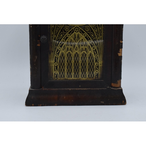 399 - An American wooden Steeple mantle clock by Jerome & Co with Gothic design. Untested though key prese... 