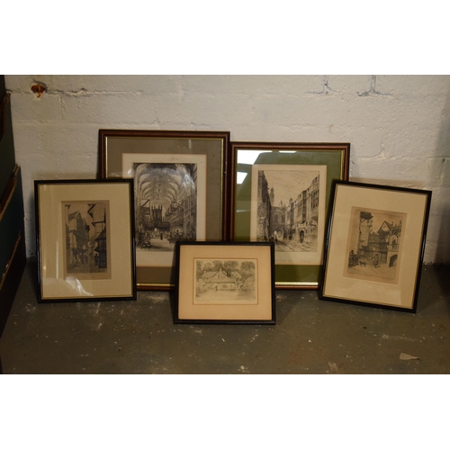 402 - A mixed collection of etchings and similar items to include scenes of Old London, George's chapel, N... 