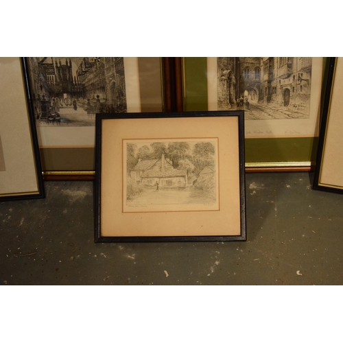 402 - A mixed collection of etchings and similar items to include scenes of Old London, George's chapel, N... 