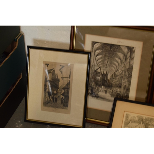 402 - A mixed collection of etchings and similar items to include scenes of Old London, George's chapel, N... 