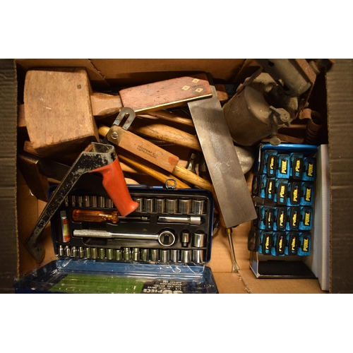 405 - A mixed collection of vintage tools to include a mallet, 39-piece socket set, drill bits, brass burn... 