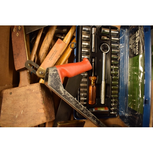 405 - A mixed collection of vintage tools to include a mallet, 39-piece socket set, drill bits, brass burn... 