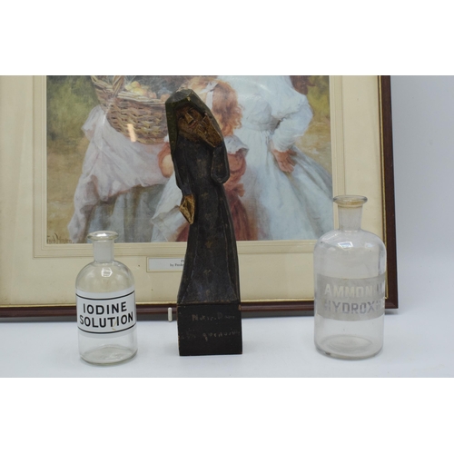 413 - A mixed collection of items to include a vintage wooden carved figure of Mary the Virgin, scientific... 