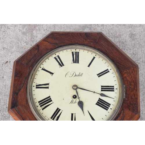 419 - A late 19th / early 20th century drop dial wall clock with carved grape vine decoration 'C Duckett' ... 