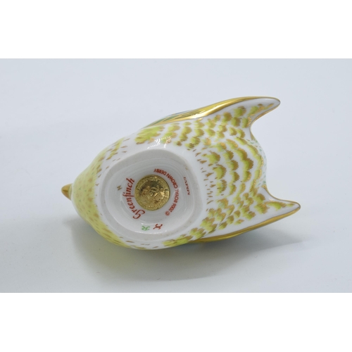 89 - Royal Crown Derby paperweight in the form of a Greenfinch. First quality with stopper. In good condi... 