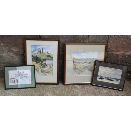 349A - A collection of framed Doris Brown original artwork to include a potteries scene, a village and ruin... 