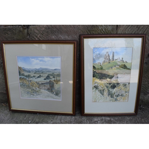 349A - A collection of framed Doris Brown original artwork to include a potteries scene, a village and ruin... 