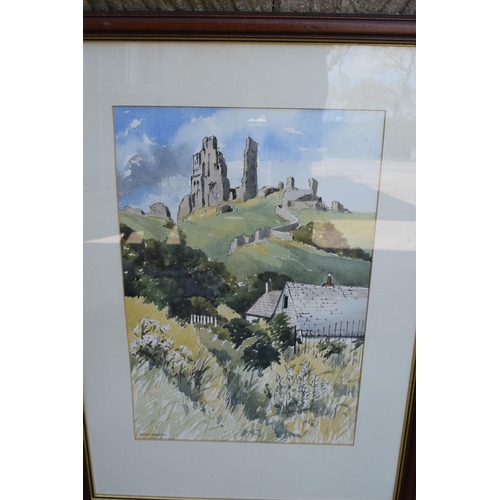 349A - A collection of framed Doris Brown original artwork to include a potteries scene, a village and ruin... 