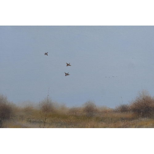 349B - T Lukkien oil on canvas in gilt frame of mallards in flight over marshes. 53 x 43cm inc frame.