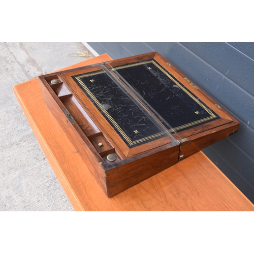 417 - 19th century brass bound writing slope with leather insets and glass jars and brass escutcheon. 51x2... 