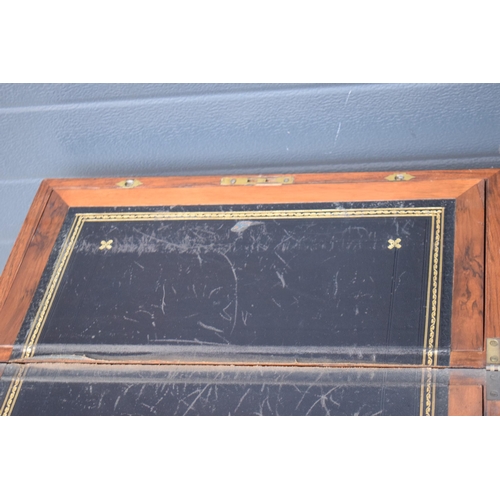 417 - 19th century brass bound writing slope with leather insets and glass jars and brass escutcheon. 51x2... 