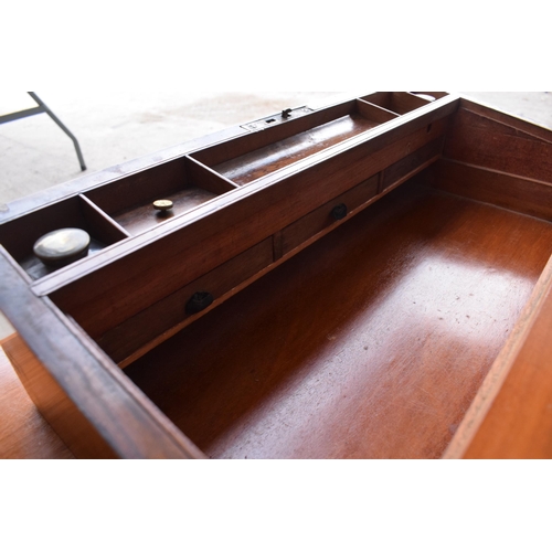 417 - 19th century brass bound writing slope with leather insets and glass jars and brass escutcheon. 51x2... 