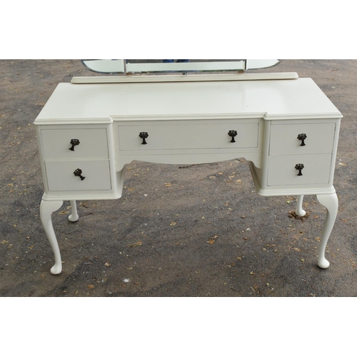 360 - An early 20th century wooden dressing table with folding mirrors on cabriole-style legs painted whit... 