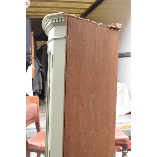 432 - A vintage wooden corner cabinet with glazed door with painted duck egg green decoration. 181cm tall.... 