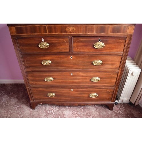 435 - Victorian mahogany 2 over 3 chest of drawers with satinwood inlay and mother of pearl escutcheons wi... 