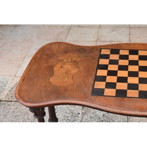 436 - Victorian walnut games table with inlaid decoration for a chessboard on turned supports. 89 x 44 x 7... 