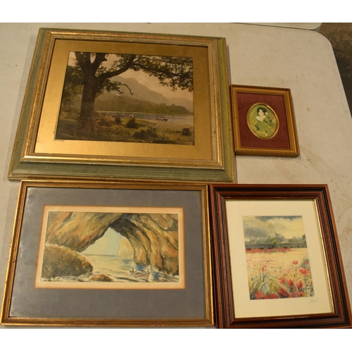 247B - A mixed collection of framed art work to include a watercolour of a sea scene with indistinctive sig... 