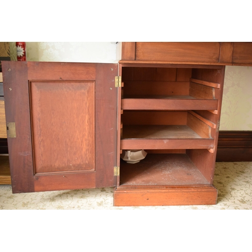 247C - 19th century figured mahogany twin pedestal buffet sideboard with raised back with carved detail. 21... 