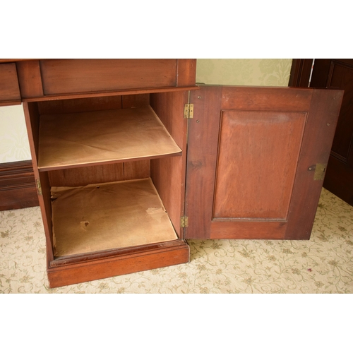 247C - 19th century figured mahogany twin pedestal buffet sideboard with raised back with carved detail. 21... 